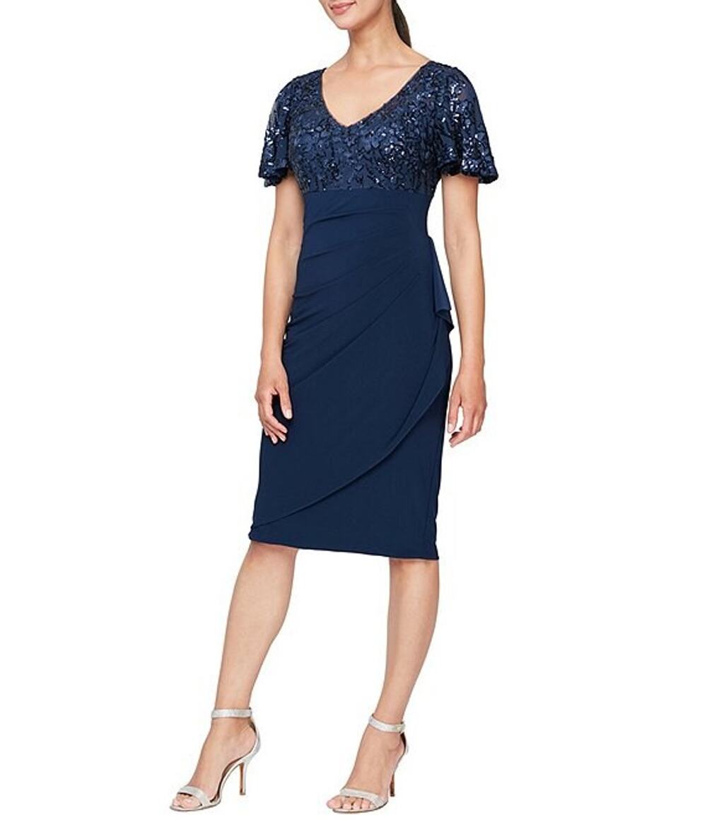 Alex Evenings Sequin Dress Navy Blue Ruched V-Neck Short Sleeve